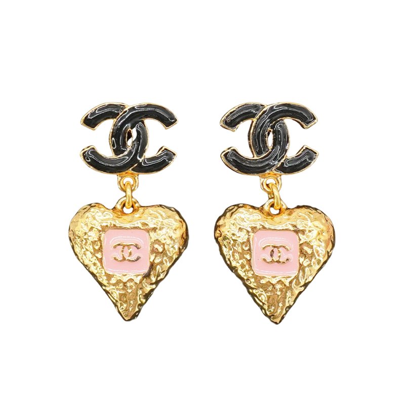 Chanel 展示品 黑雙C logo愛心耳環(粉/金)-0