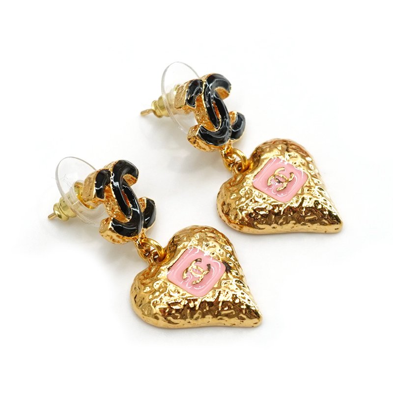 Chanel 展示品 黑雙C logo愛心耳環(粉/金)-2