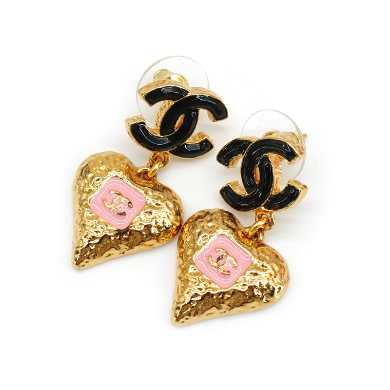 Chanel 展示品 黑雙C logo愛心耳環(粉/金)-4