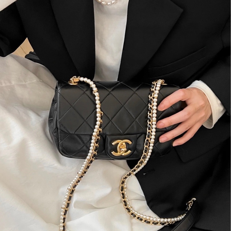 Chanel香奈兒 黑金珍珠➕皮穿鏈CF大mini-3