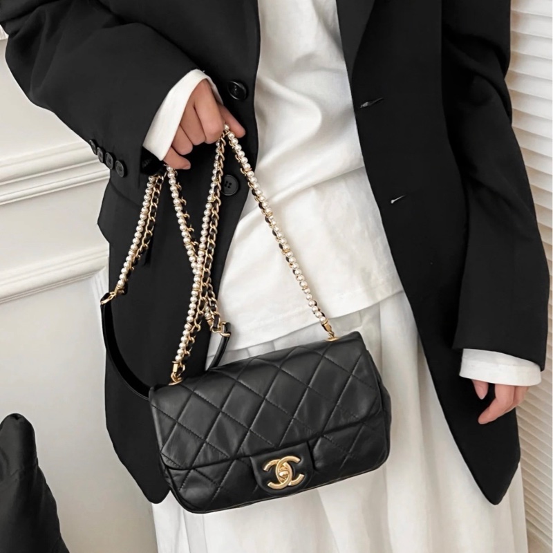 Chanel香奈兒 黑金珍珠➕皮穿鏈CF大mini-7