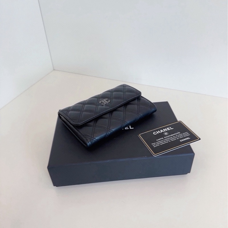 Chanel香奈兒 黑銀琺瑯雙C翻蓋卡包-4