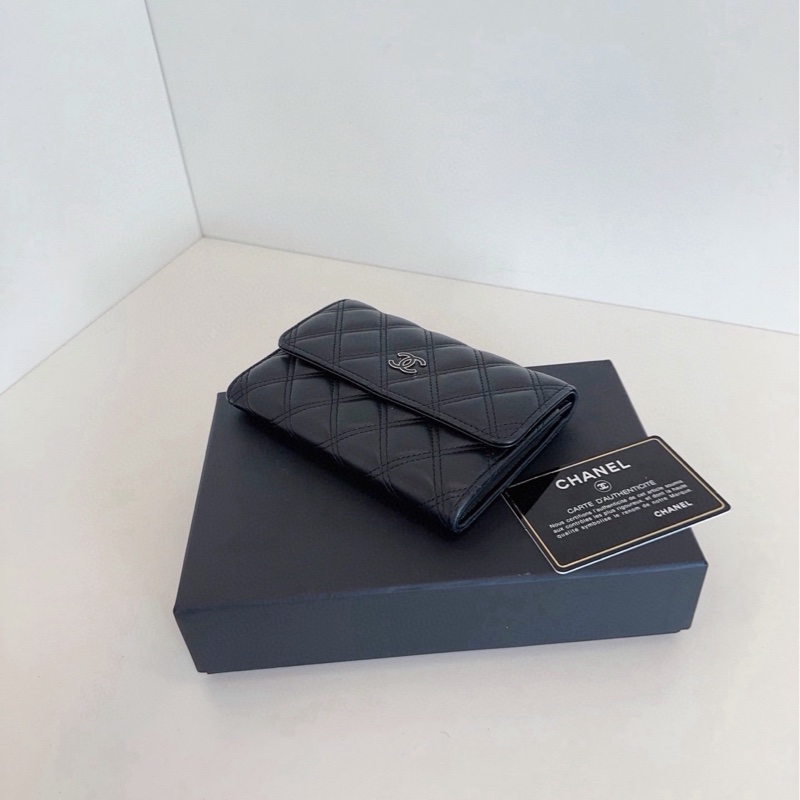 Chanel香奈兒 黑銀琺瑯雙C翻蓋卡包-5