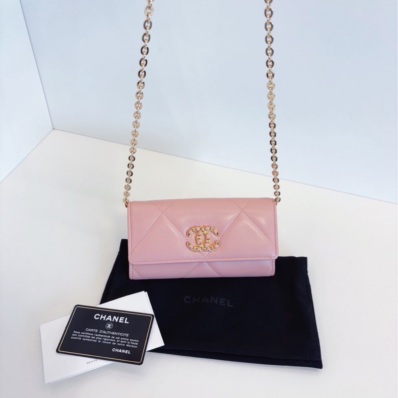 Chanel香奈兒 19bag系列粉色大菱格金扣翻蓋長錢包-7