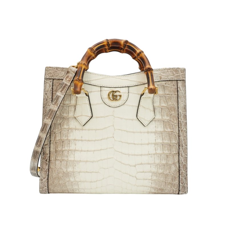 Gucci 展示品 Diana 喜馬拉雅鱷魚皮竹節手提二用包(660195-白)-0