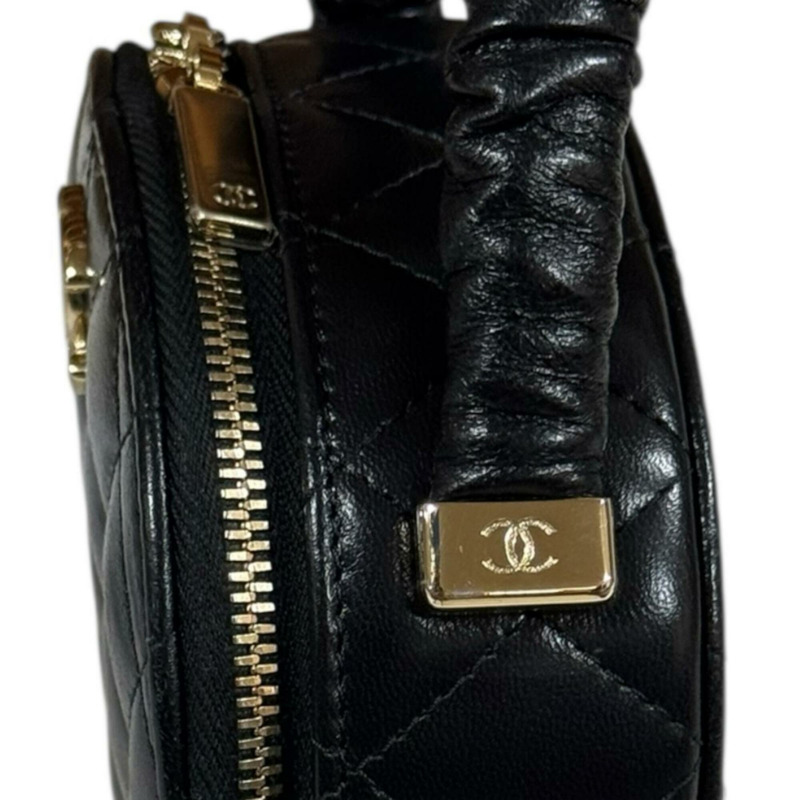 香奈兒化妝包，絎縫手提包，皮革，黑色，女士，二手。-9