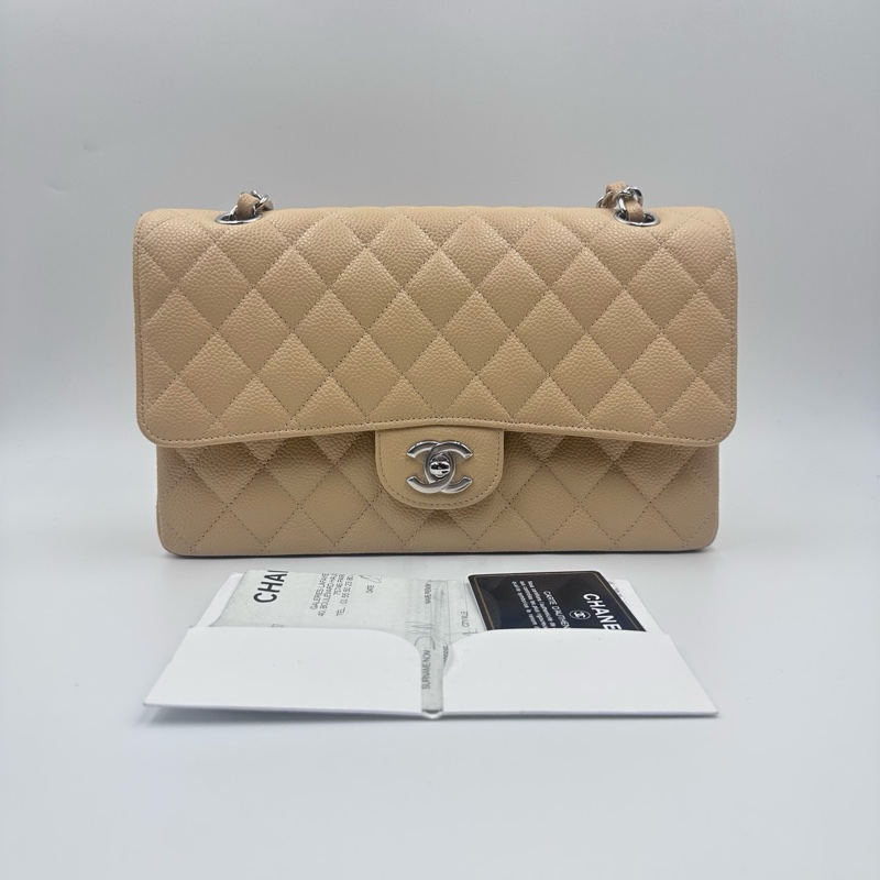 Chanel香奈兒cf杏色米色奶茶色銀扣中號荔枝紋19開帶卡帶購証-0