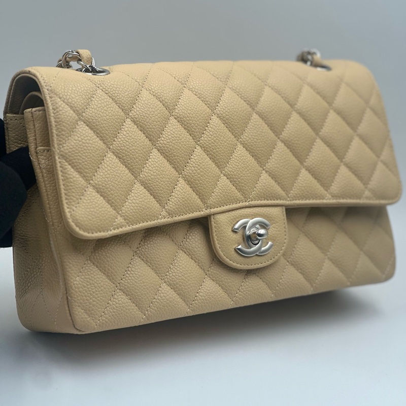 Chanel香奈兒cf杏色米色奶茶色銀扣中號荔枝紋19開帶卡帶購証-1