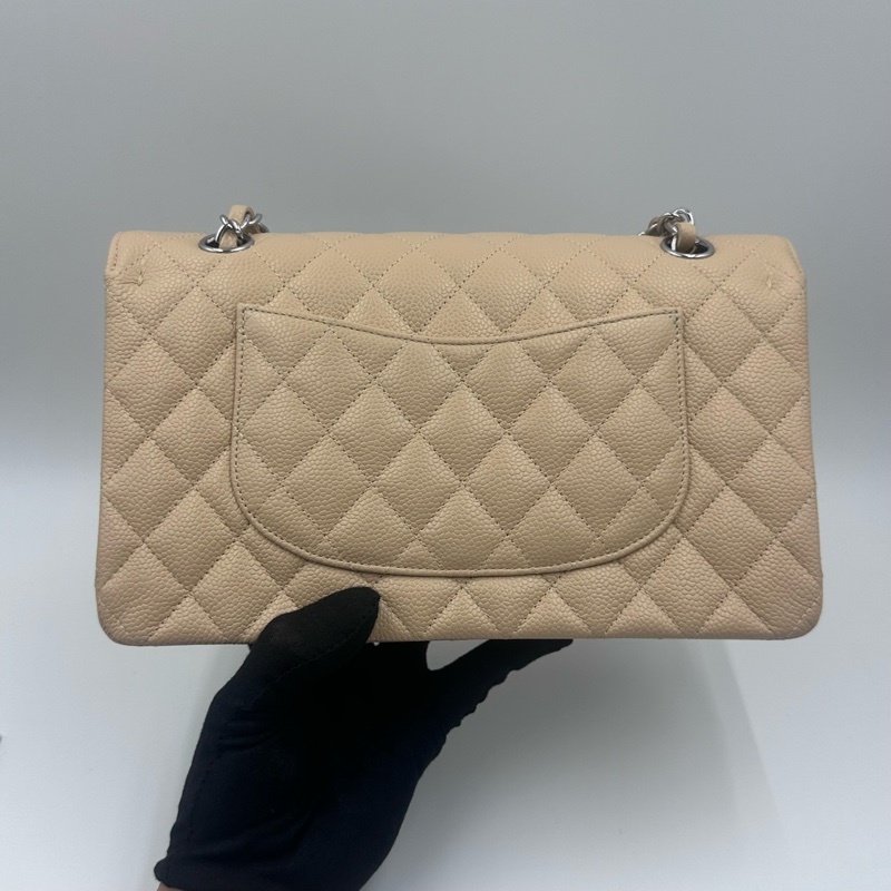 Chanel香奈兒cf杏色米色奶茶色銀扣中號荔枝紋19開帶卡帶購証-2