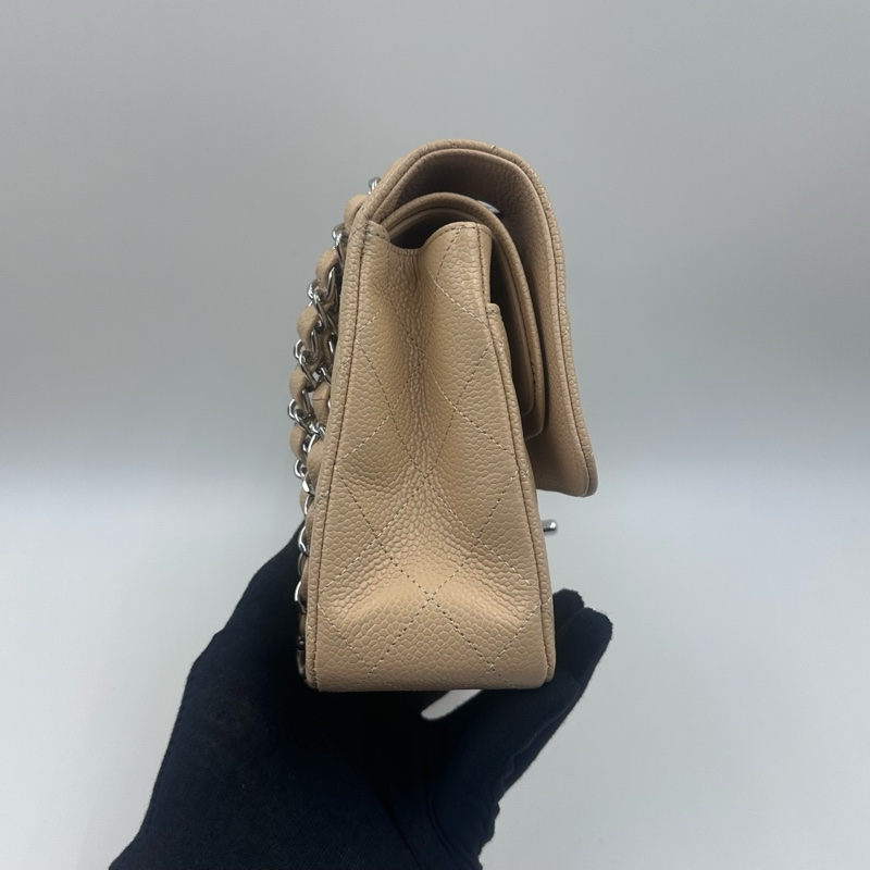 Chanel香奈兒cf杏色米色奶茶色銀扣中號荔枝紋19開帶卡帶購証-3