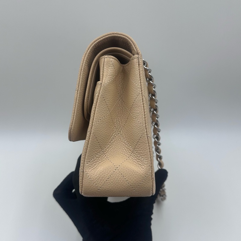 Chanel香奈兒cf杏色米色奶茶色銀扣中號荔枝紋19開帶卡帶購証-4