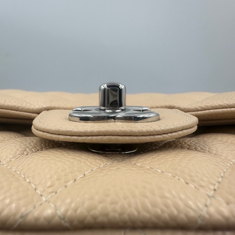 Chanel香奈兒cf杏色米色奶茶色銀扣中號荔枝紋19開帶卡帶購証-9