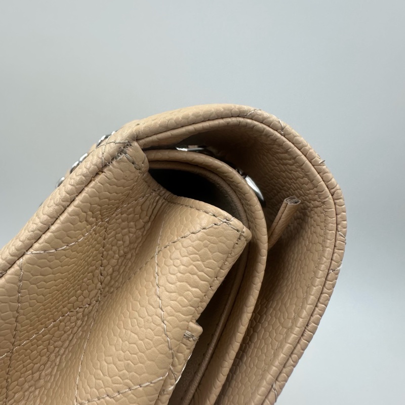 Chanel香奈兒cf杏色米色奶茶色銀扣中號荔枝紋19開帶卡帶購証-10