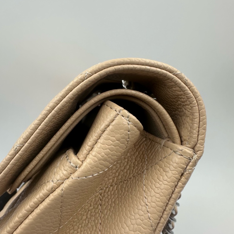 Chanel香奈兒cf杏色米色奶茶色銀扣中號荔枝紋19開帶卡帶購証-11