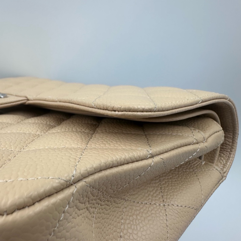 Chanel香奈兒cf杏色米色奶茶色銀扣中號荔枝紋19開帶卡帶購証-12