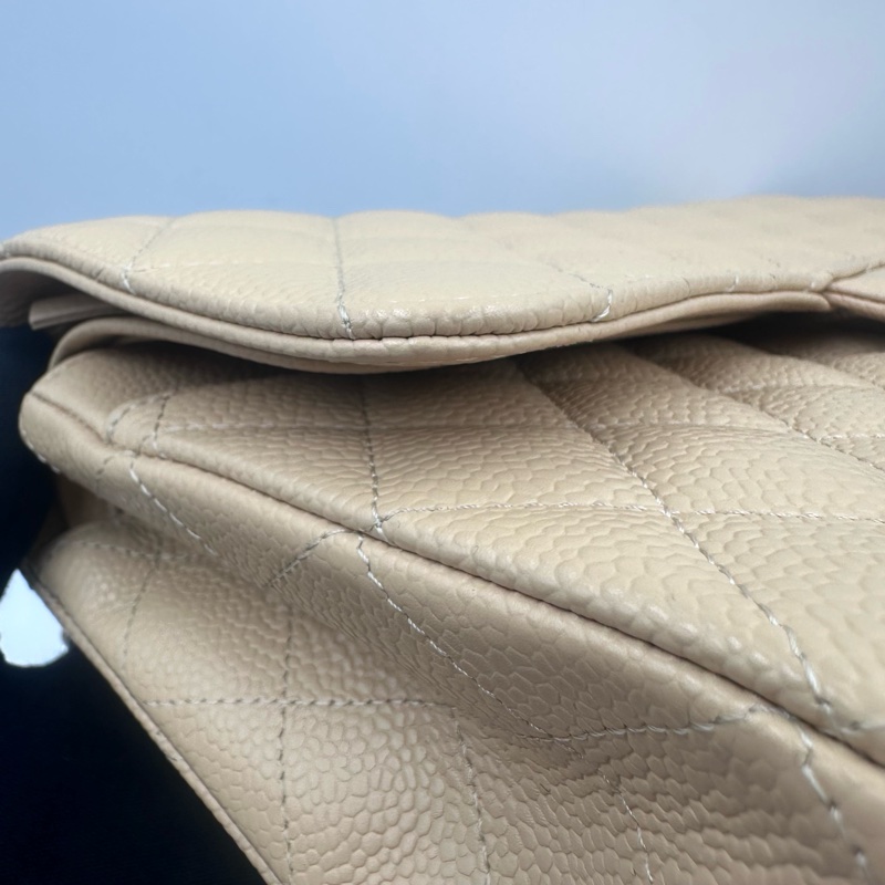 Chanel香奈兒cf杏色米色奶茶色銀扣中號荔枝紋19開帶卡帶購証-13