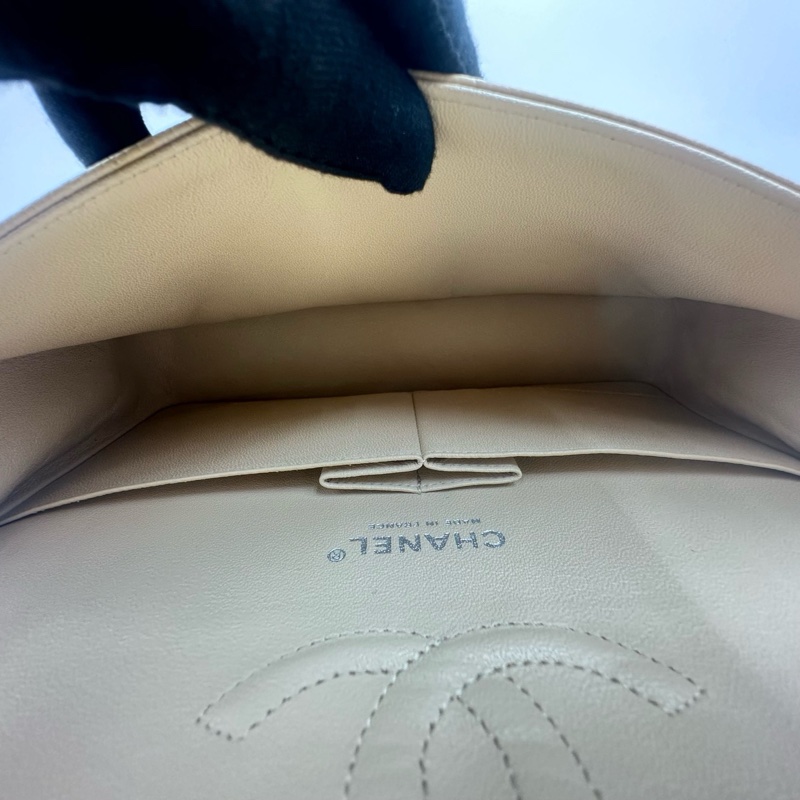 Chanel香奈兒cf杏色米色奶茶色銀扣中號荔枝紋19開帶卡帶購証-14