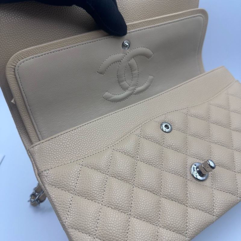 Chanel香奈兒cf杏色米色奶茶色銀扣中號荔枝紋19開帶卡帶購証-17