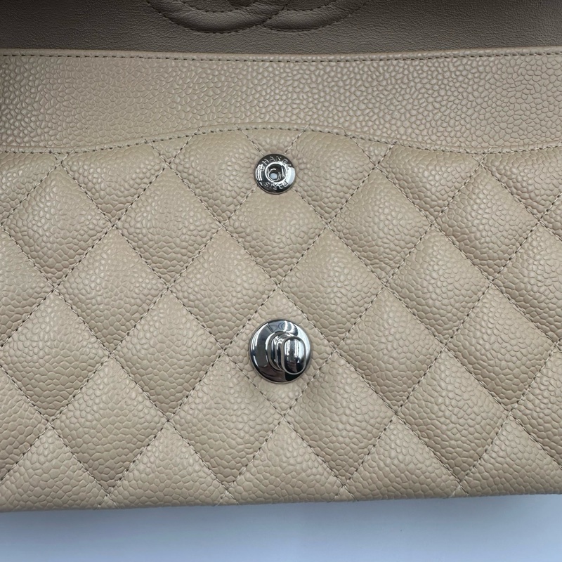 Chanel香奈兒cf杏色米色奶茶色銀扣中號荔枝紋19開帶卡帶購証-18