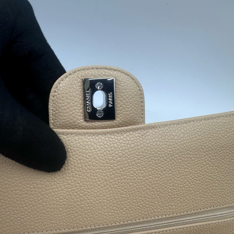 Chanel香奈兒cf杏色米色奶茶色銀扣中號荔枝紋19開帶卡帶購証-19
