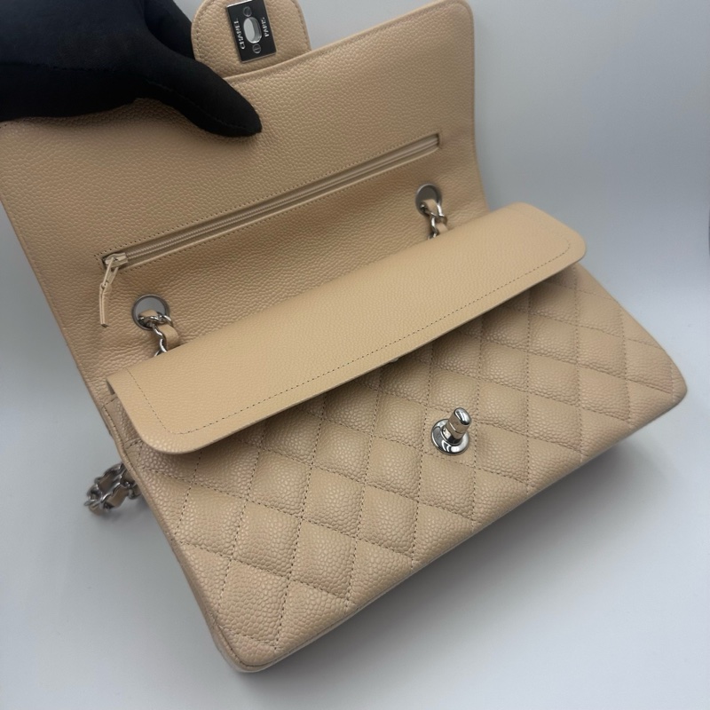 Chanel香奈兒cf杏色米色奶茶色銀扣中號荔枝紋19開帶卡帶購証-20