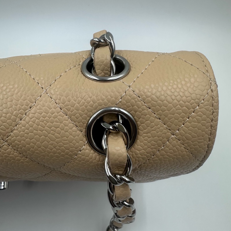 Chanel香奈兒cf杏色米色奶茶色銀扣中號荔枝紋19開帶卡帶購証-21