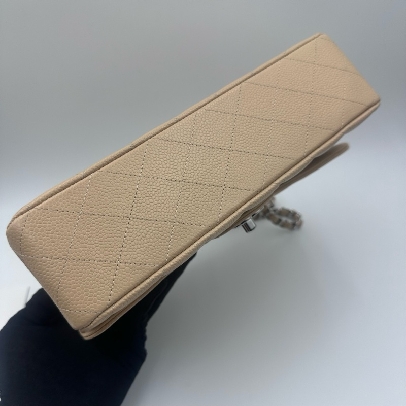 Chanel香奈兒cf杏色米色奶茶色銀扣中號荔枝紋19開帶卡帶購証-22