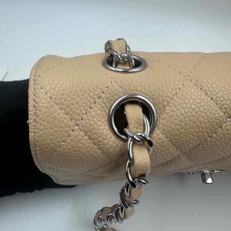 Chanel香奈兒cf杏色米色奶茶色銀扣中號荔枝紋19開帶卡帶購証-23