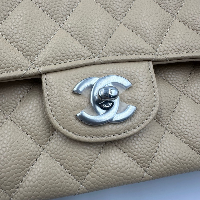 Chanel香奈兒cf杏色米色奶茶色銀扣中號荔枝紋19開帶卡帶購証-24