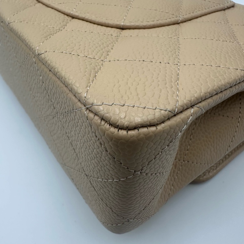 Chanel香奈兒cf杏色米色奶茶色銀扣中號荔枝紋19開帶卡帶購証-25