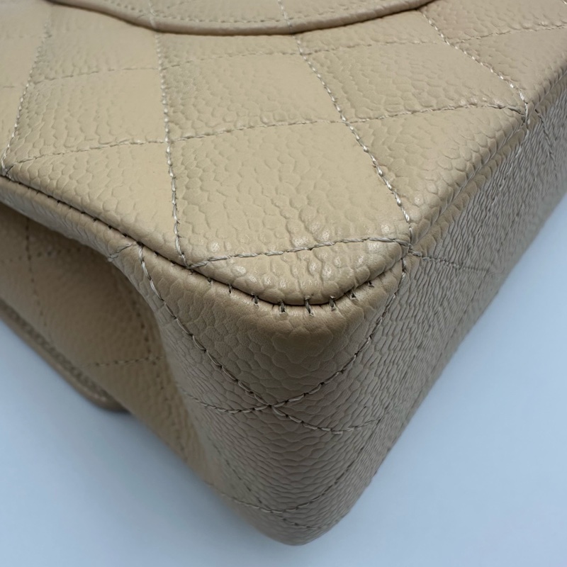 Chanel香奈兒cf杏色米色奶茶色銀扣中號荔枝紋19開帶卡帶購証-26