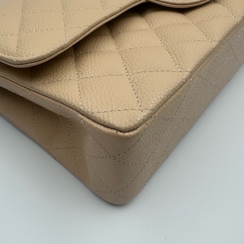 Chanel香奈兒cf杏色米色奶茶色銀扣中號荔枝紋19開帶卡帶購証-27