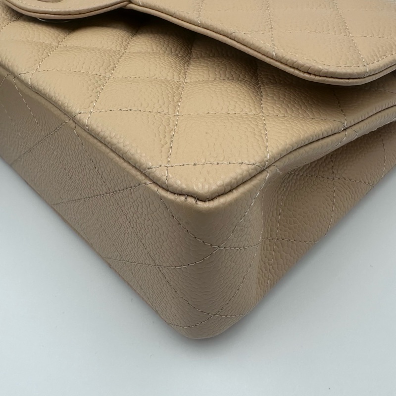 Chanel香奈兒cf杏色米色奶茶色銀扣中號荔枝紋19開帶卡帶購証-28