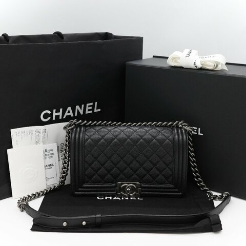 Chanel 香奈兒 Boy Chanel 25 黑色 菱格紋荔枝皮 黑銀 中型皮穿鏈肩背包