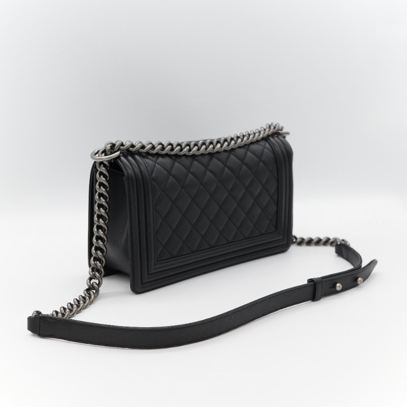 Chanel 香奈兒 Boy Chanel 25 黑色 菱格紋荔枝皮 黑銀 中型皮穿鏈肩背包-5