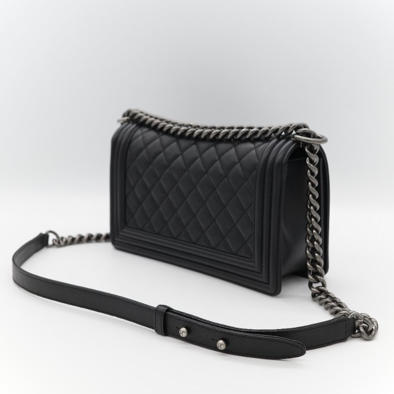 Chanel 香奈兒 Boy Chanel 25 黑色 菱格紋荔枝皮 黑銀 中型皮穿鏈肩背包-6