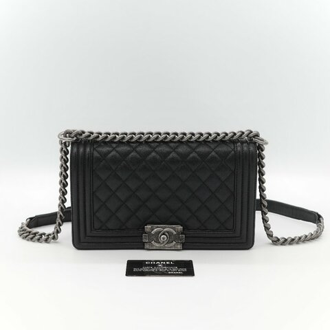 Chanel 香奈兒 Boy Chanel 25 黑色 菱格紋荔枝皮 黑銀 中型皮穿鏈肩背包