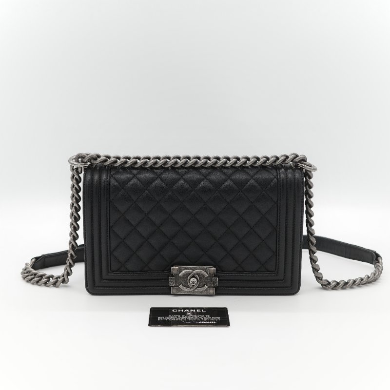 Chanel 香奈兒 Boy Chanel 25 黑色 菱格紋 牛皮 黑銀 中型皮穿鏈肩背包-0