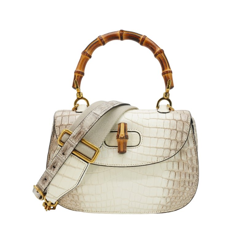 Gucci 展示品 Bamboo 1947 喜馬拉雅鱷魚皮二用斜背包(675797-白)-0