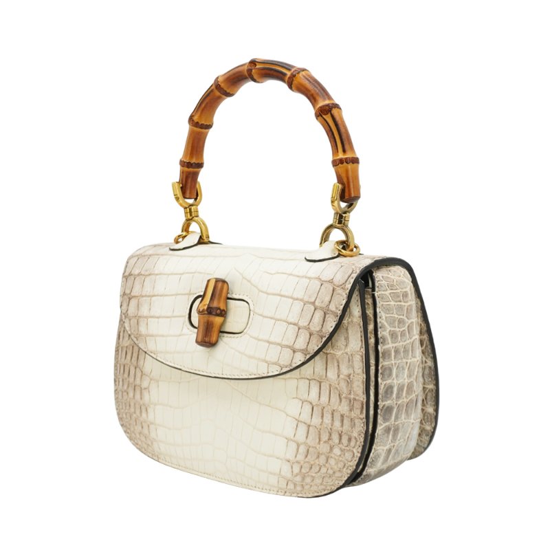 Gucci 展示品 Bamboo 1947 喜馬拉雅鱷魚皮二用斜背包(675797-白)-1