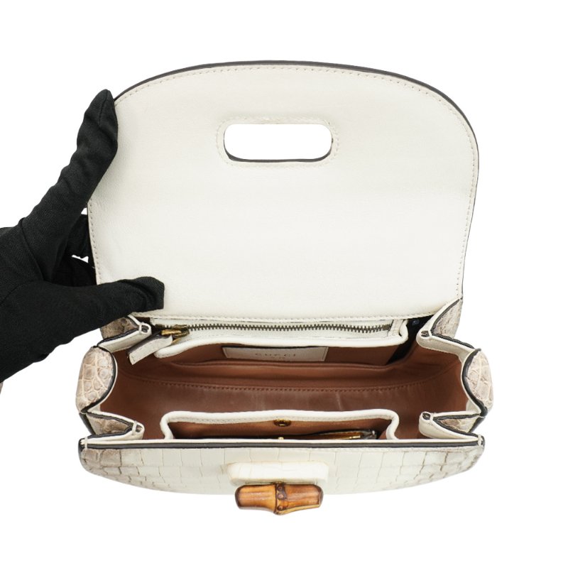 Gucci 展示品 Bamboo 1947 喜馬拉雅鱷魚皮二用斜背包(675797-白)-4