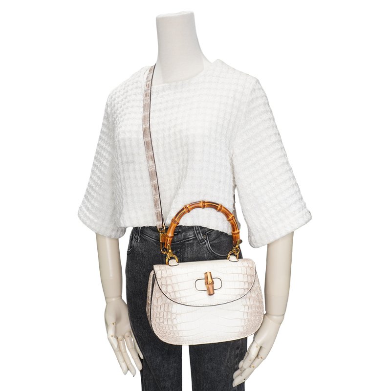 Gucci 展示品 Bamboo 1947 喜馬拉雅鱷魚皮二用斜背包(675797-白)-5
