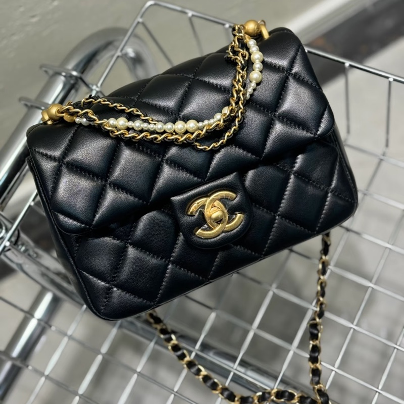 #CHANEL香奈兒CF黑金全皮菱格珍珠鍊條方胖子 芯片 尺寸 20×15 附件防塵袋 發票盒子-0