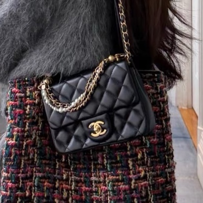 #CHANEL香奈兒CF黑金全皮菱格珍珠鍊條方胖子 芯片 尺寸 20×15 附件防塵袋 發票盒子-3