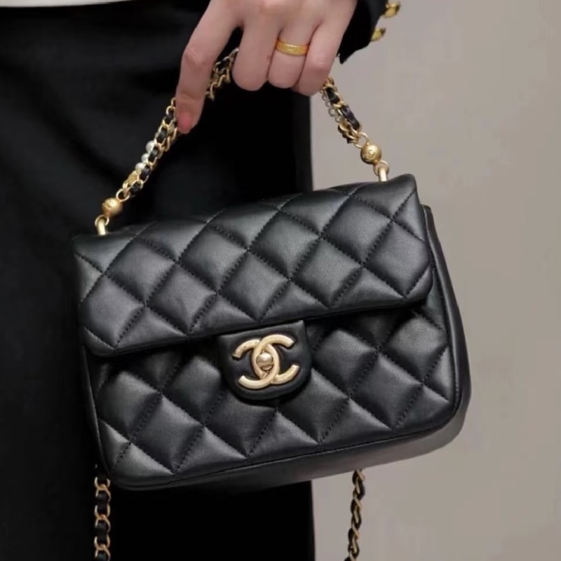 #CHANEL香奈兒CF黑金全皮菱格珍珠鍊條方胖子 芯片 尺寸 20×15 附件防塵袋 發票盒子-4