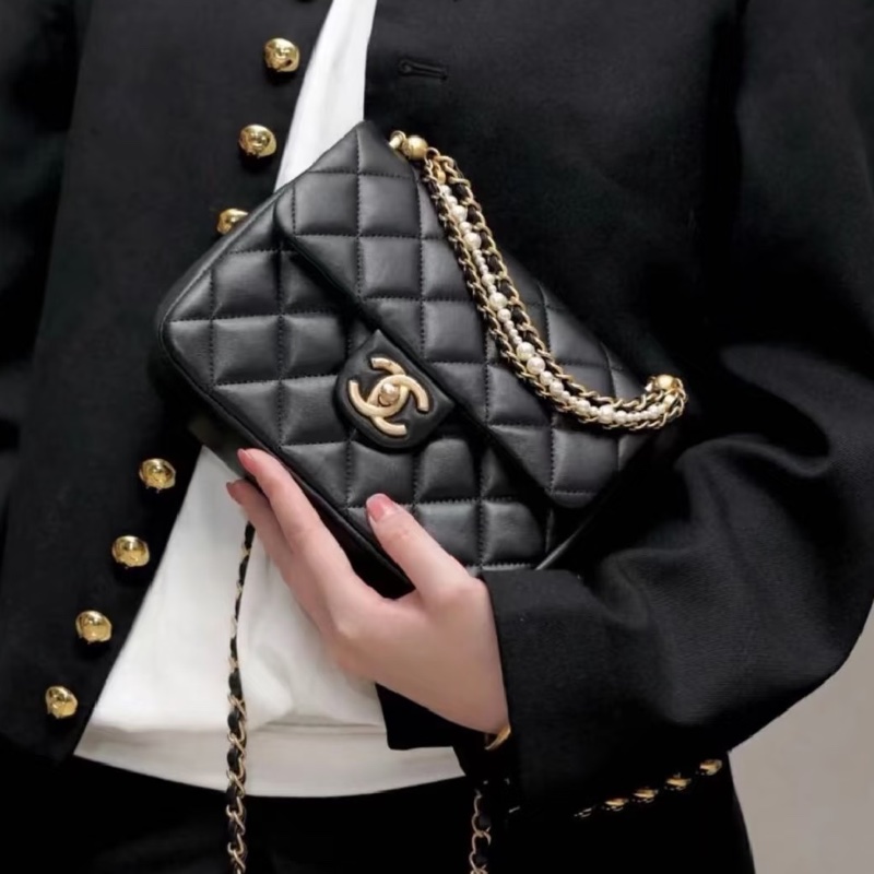#CHANEL香奈兒CF黑金全皮菱格珍珠鍊條方胖子 芯片 尺寸 20×15 附件防塵袋 發票盒子-5