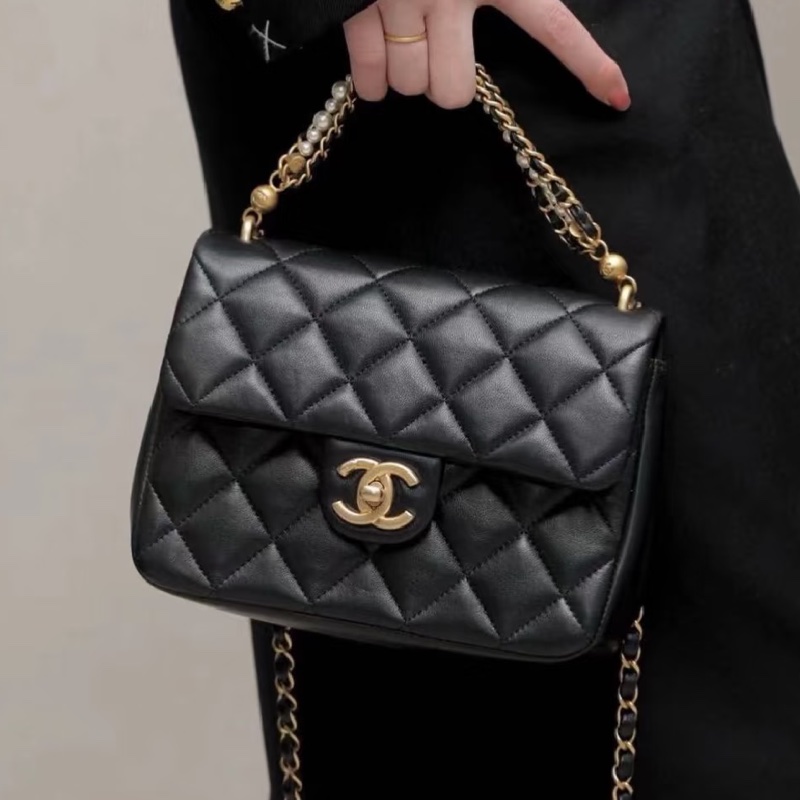#CHANEL香奈兒CF黑金全皮菱格珍珠鍊條方胖子 芯片 尺寸 20×15 附件防塵袋 發票盒子-6