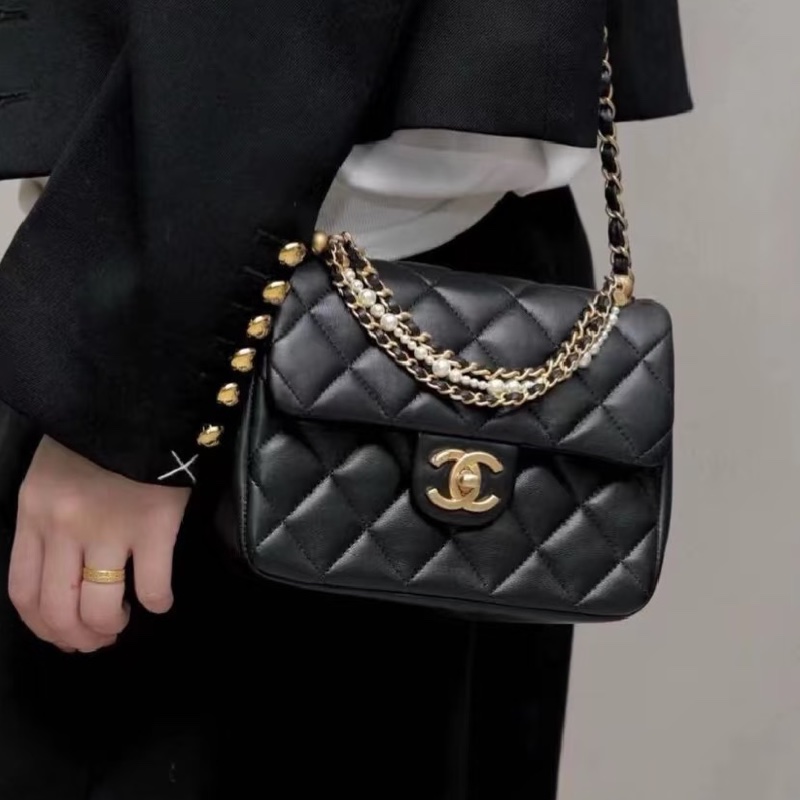 #CHANEL香奈兒CF黑金全皮菱格珍珠鍊條方胖子 芯片 尺寸 20×15 附件防塵袋 發票盒子-7