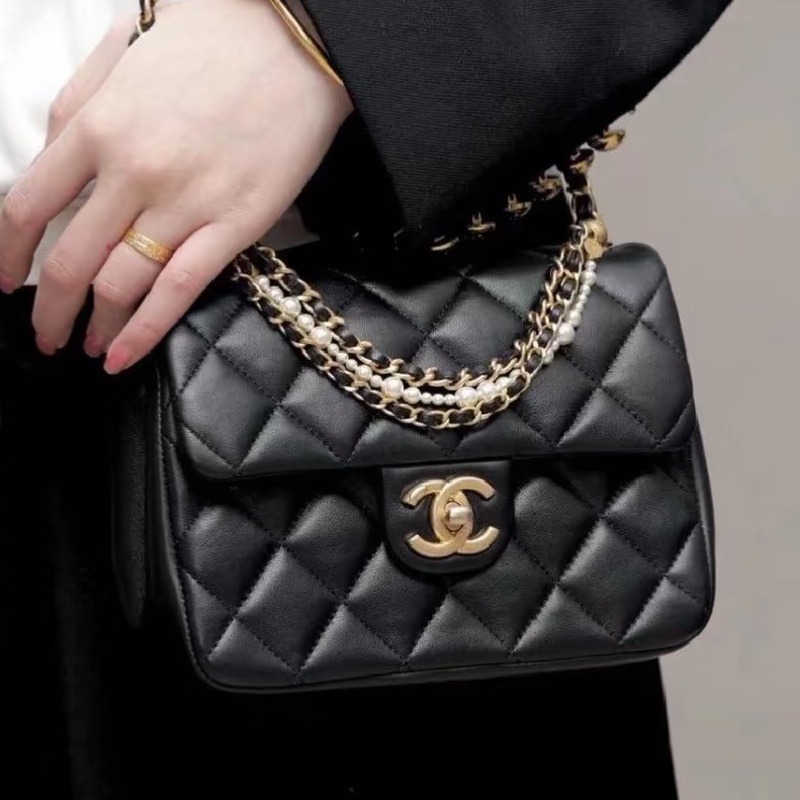 #CHANEL香奈兒CF黑金全皮菱格珍珠鍊條方胖子 芯片 尺寸 20×15 附件防塵袋 發票盒子-8