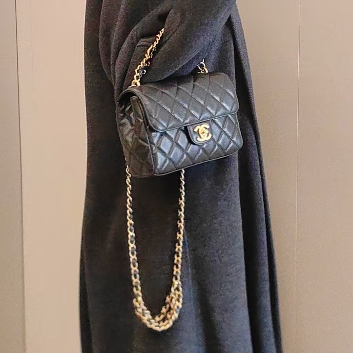 #CHANEL香奈兒CF黑金全皮菱格珍珠鍊條方胖子 芯片 尺寸 20×15 附件防塵袋 發票盒子-9